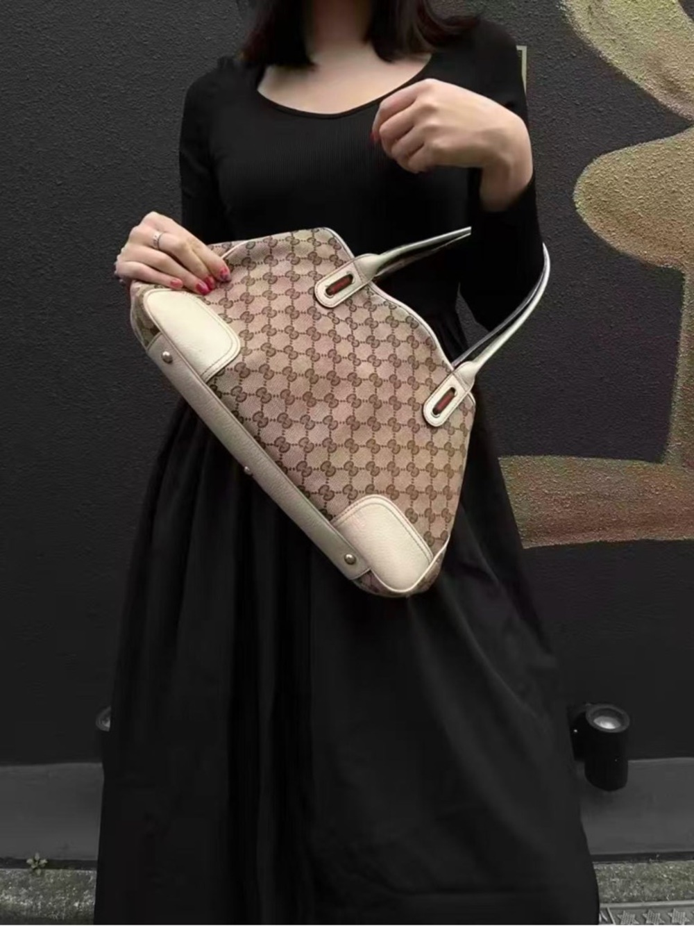 GUCCI GG Canvas Sherry Line Princy White Leather Tote Bag Shoulder Bag Authentic - Picture 3 of 14